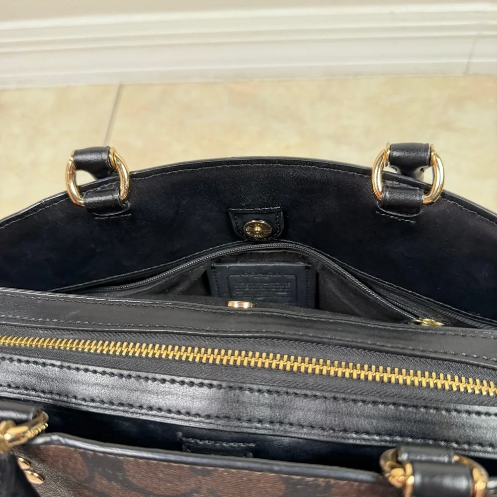 Coach Lillie Carryall Brown Black Signature Monogram Canvas Satchel F2177-91495